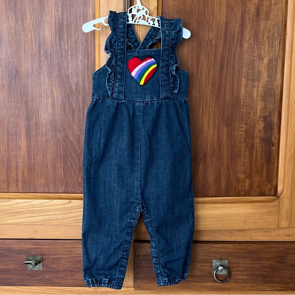 Hanna Andersson blue denim girls overalls fuzzy rainbow heart patch 12-18M